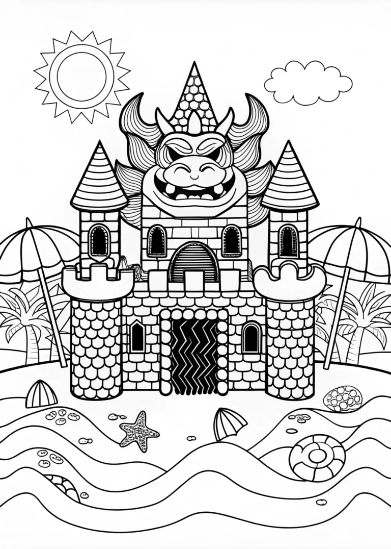 A coloring page of Bowser at the Beach Coloring Page