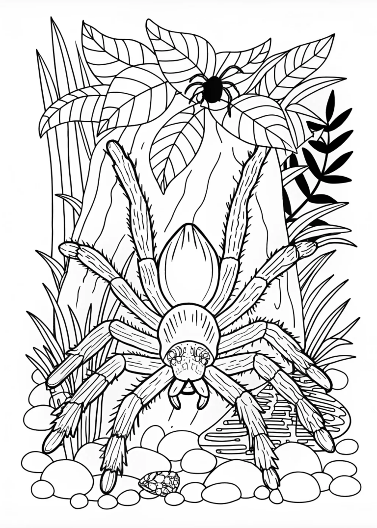 A coloring page of “Mountain Landscape with Spider”