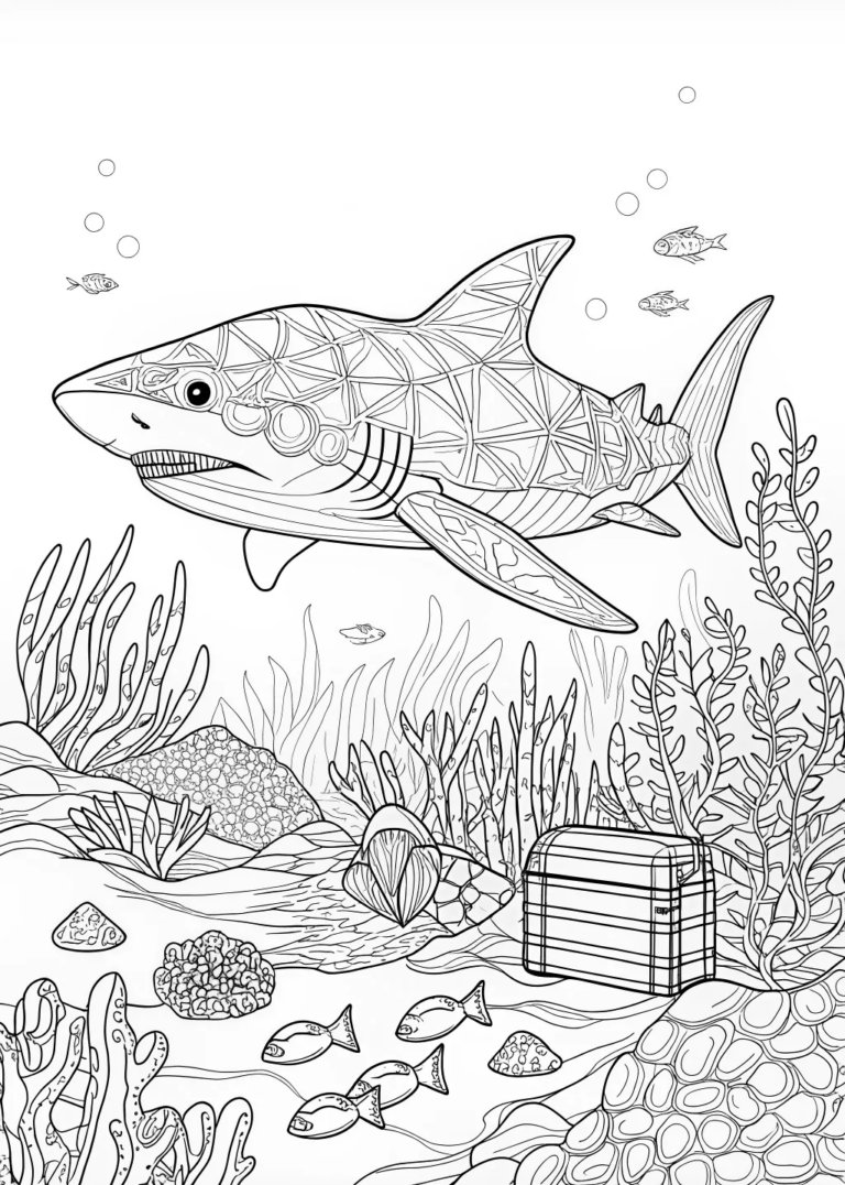 A coloring page of Shark Family Ocean Adventure Coloring Page