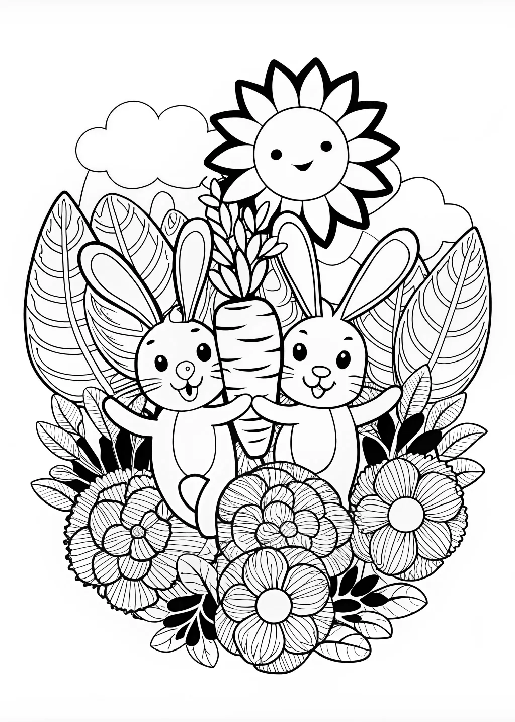 Bunny Love and Carrots Coloring Page