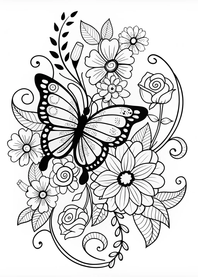 Butterfly and Blossoms Coloring Page coloring pages