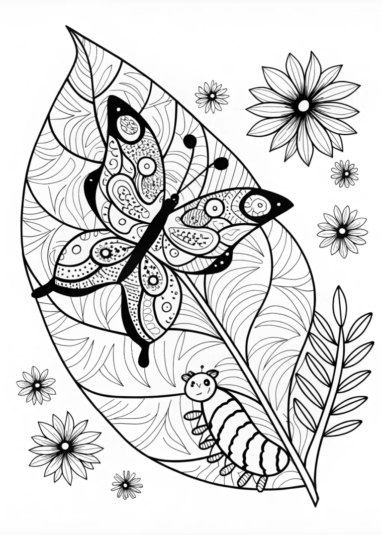 Butterfly and Caterpillar on a Leaf coloring pages