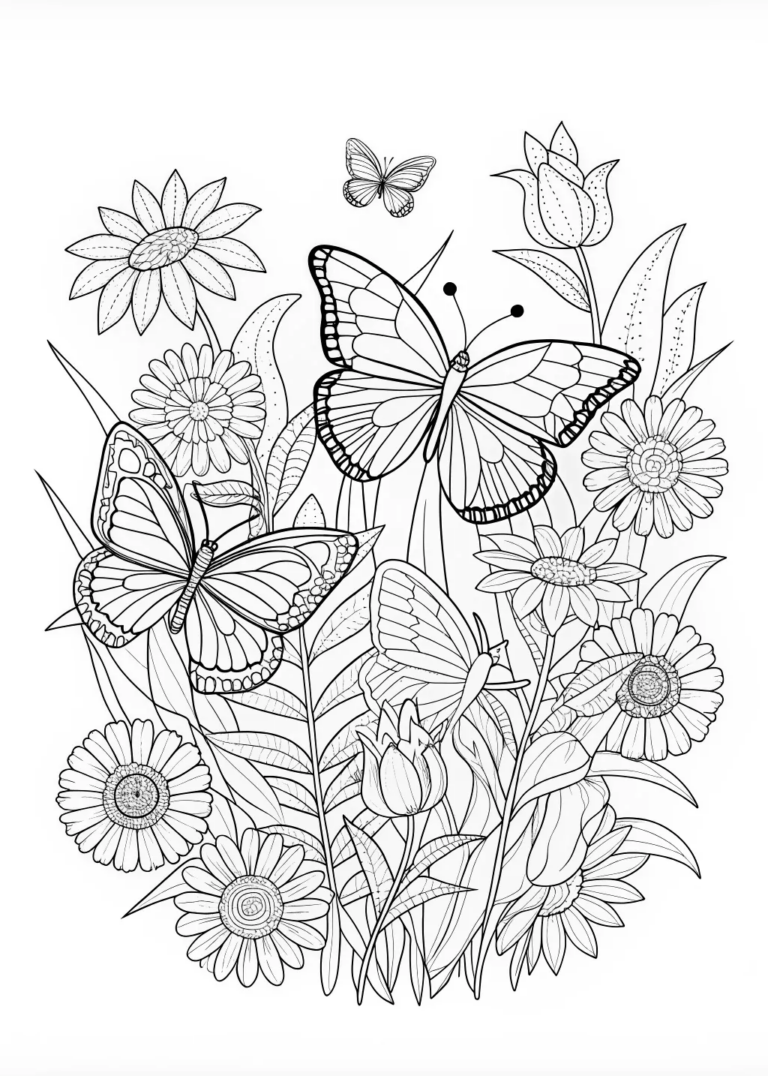 A coloring page of Butterfly Garden in Bloom Coloring Page