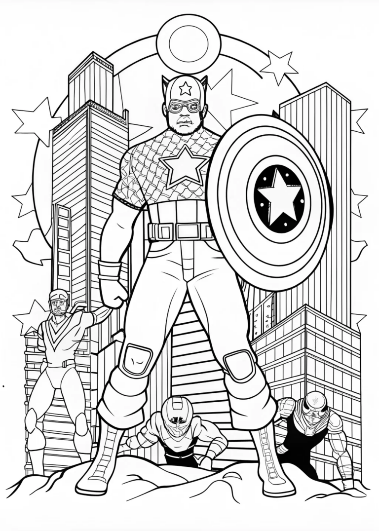 A coloring page of Captain America in Action Coloring Page