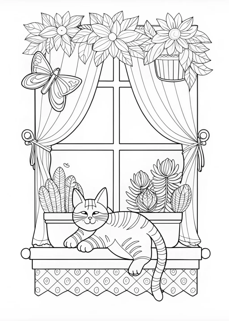 A coloring page of Kitty’s Serene Pose Coloring Page