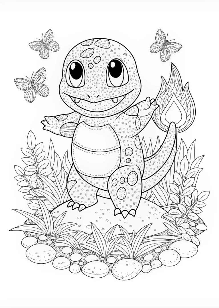 A coloring page of Charmander’s Playful Adventure Coloring Page