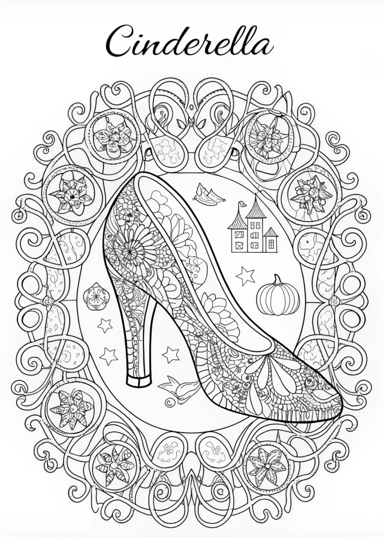 A coloring page of Cinderella’s Magical Shoe: A Royal Coloring Adventure