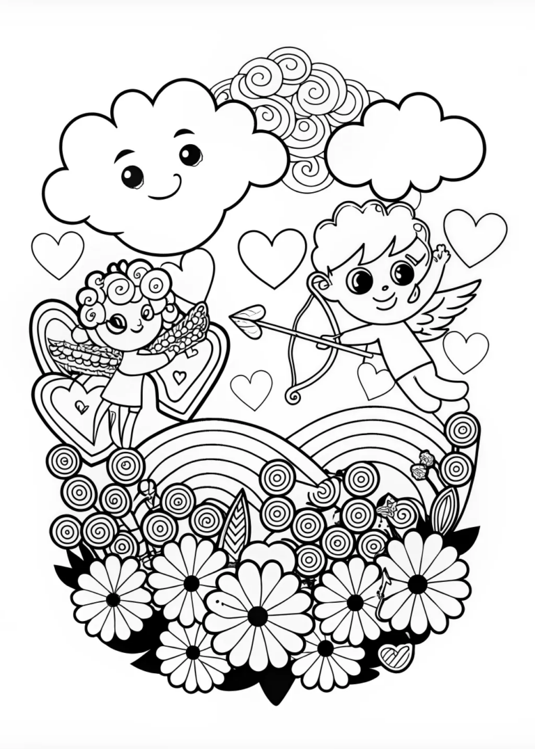 A coloring page of Cupid’s Valentine’s Day Adventure