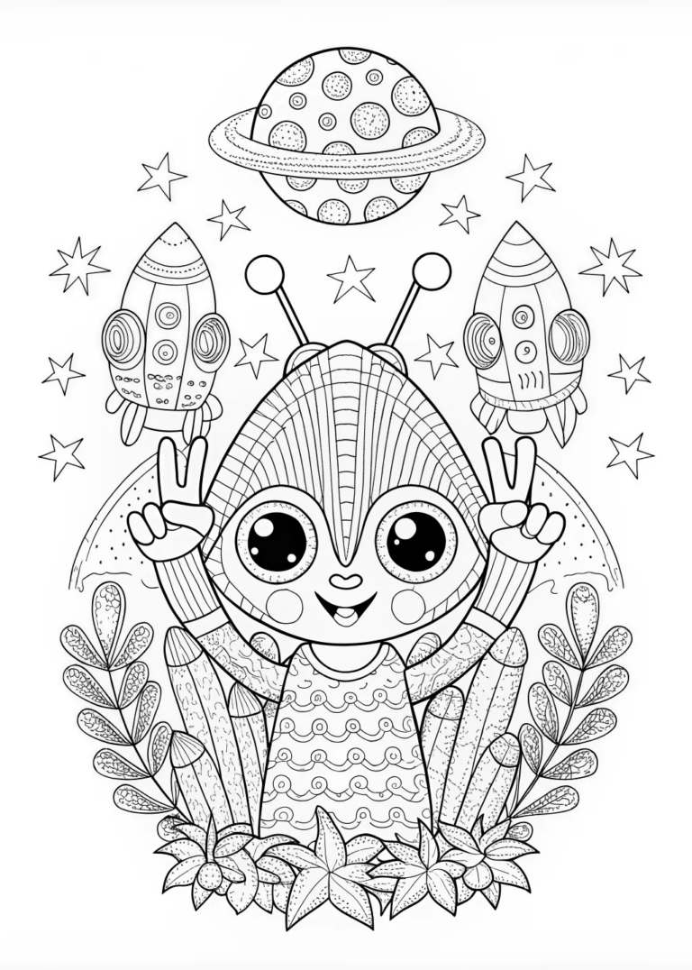 A coloring page of Cute Alien with Big Eyes Coloring Page