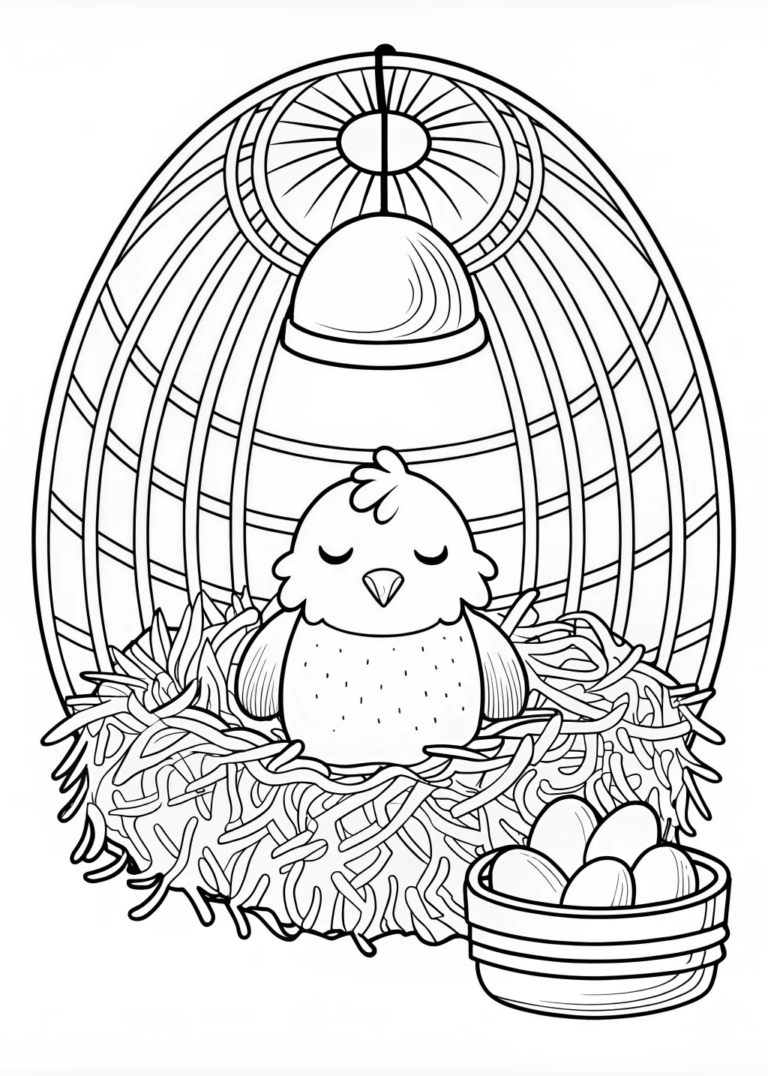 A coloring page of Cute Chick Under a Heat Lamp Coloring Page