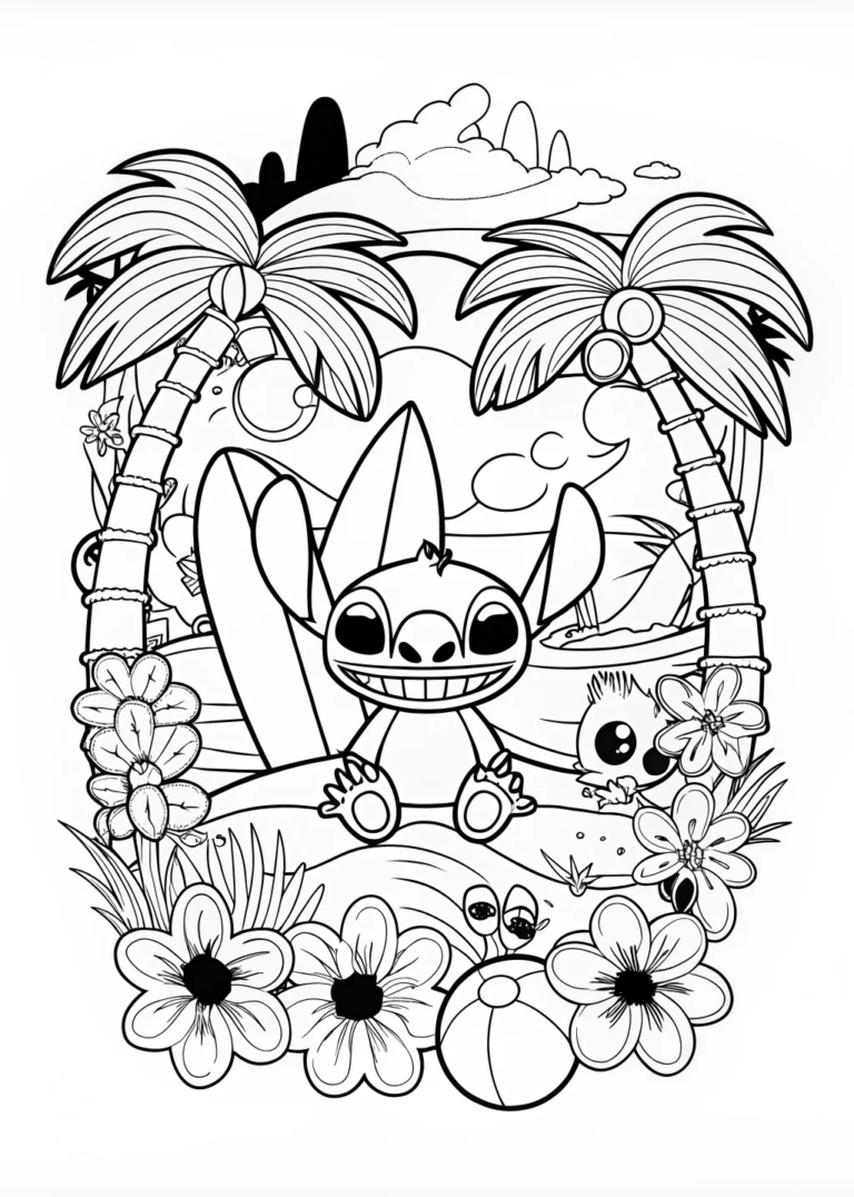 A coloring page of Stitch’s Tropical Adventure Coloring Page