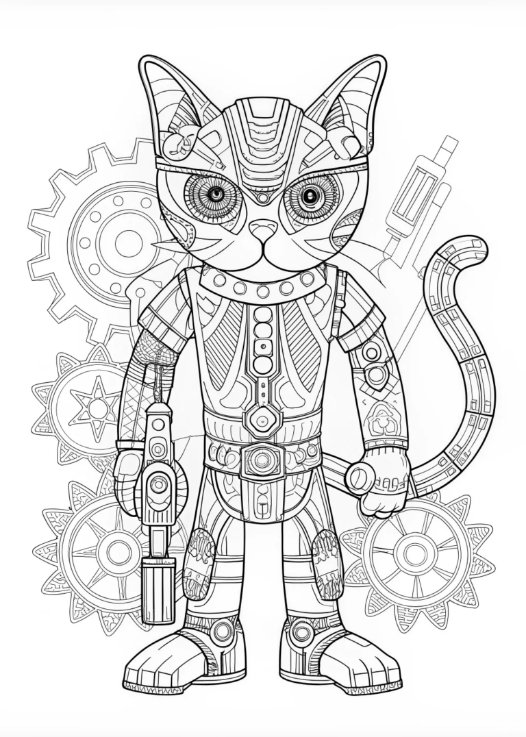 A coloring page of Cyber Cat in a Futuristic Landscape