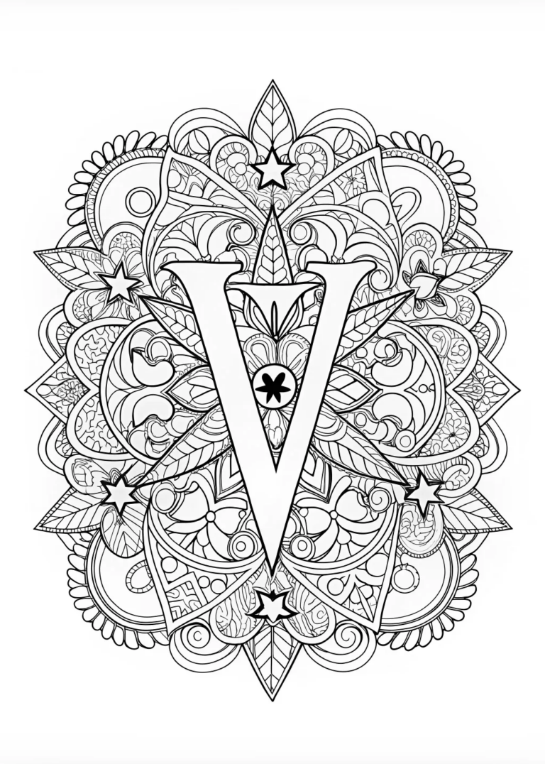 Decorative Letter ‘V’ with Stars and Hearts coloring pages