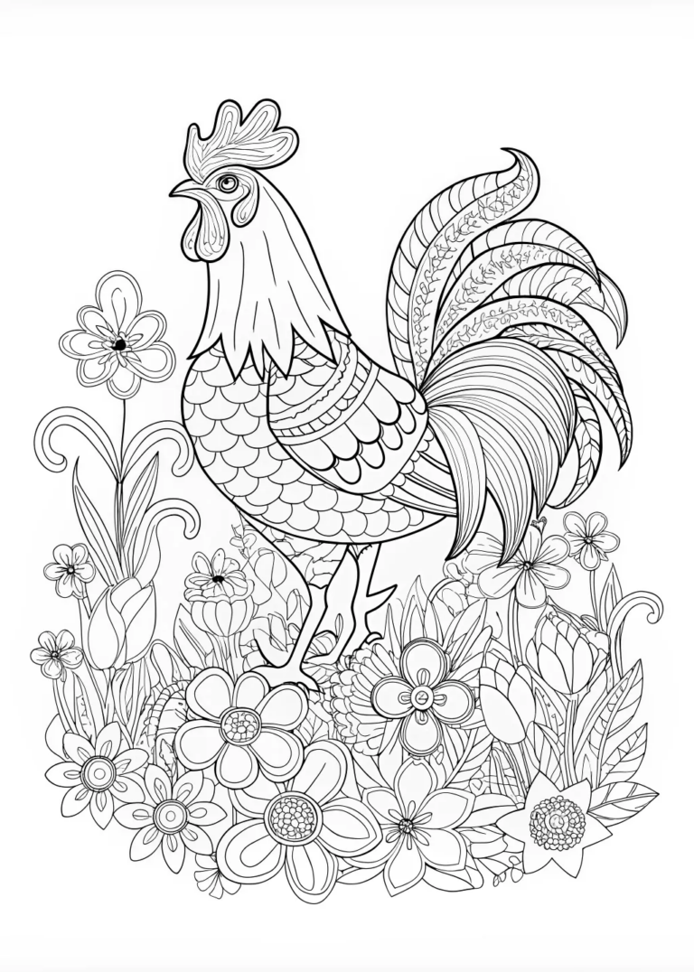 Decorative Rooster Among Spring Flowers coloring pages