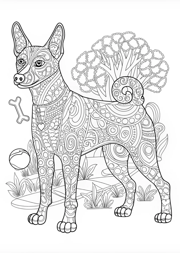 A coloring page of Detailed Basenji