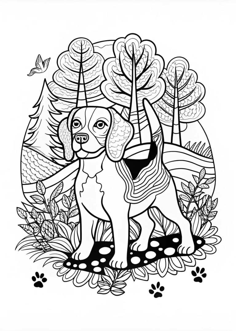 A coloring page of Happy Dog in the Garden Coloring Page