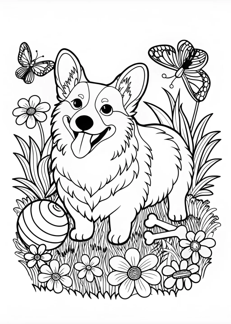 A coloring page of Smiling Corgi in the Garden