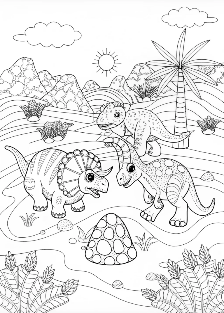 A coloring page of Dino Adventures in the Desert