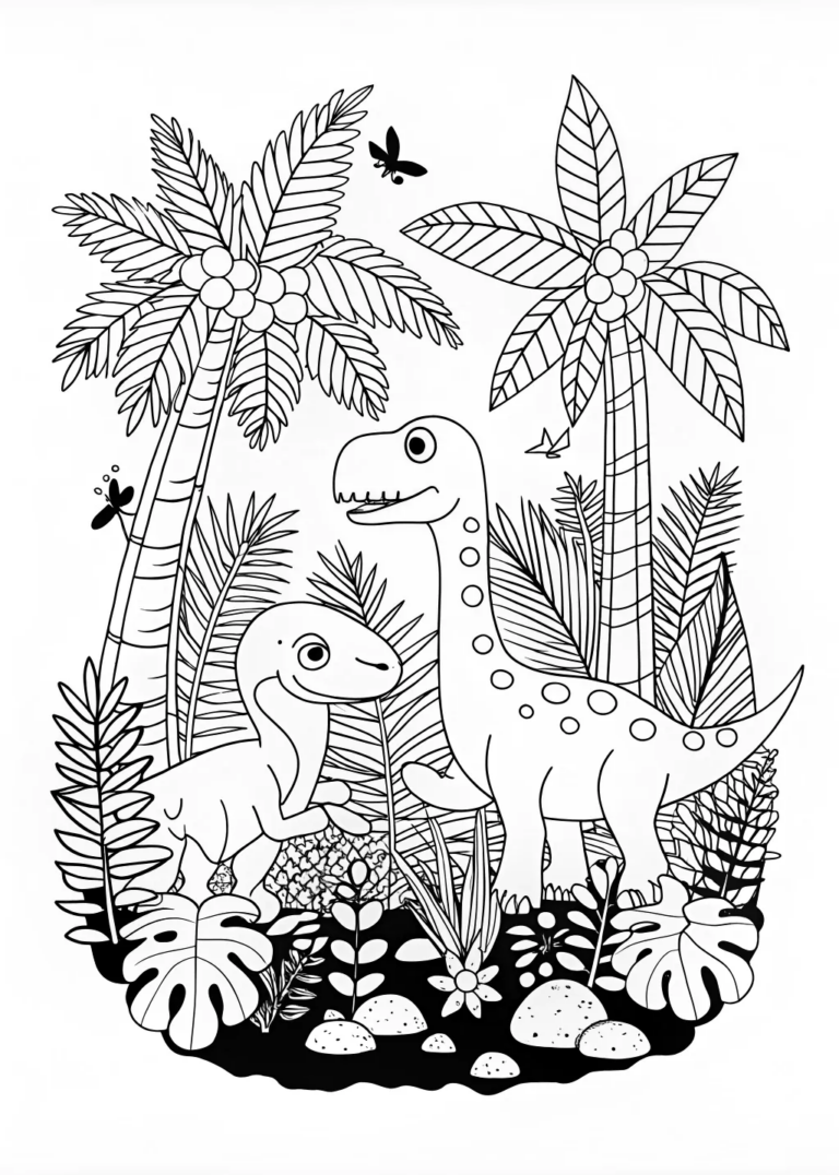 A coloring page of Dino Family Adventure in the Jungle