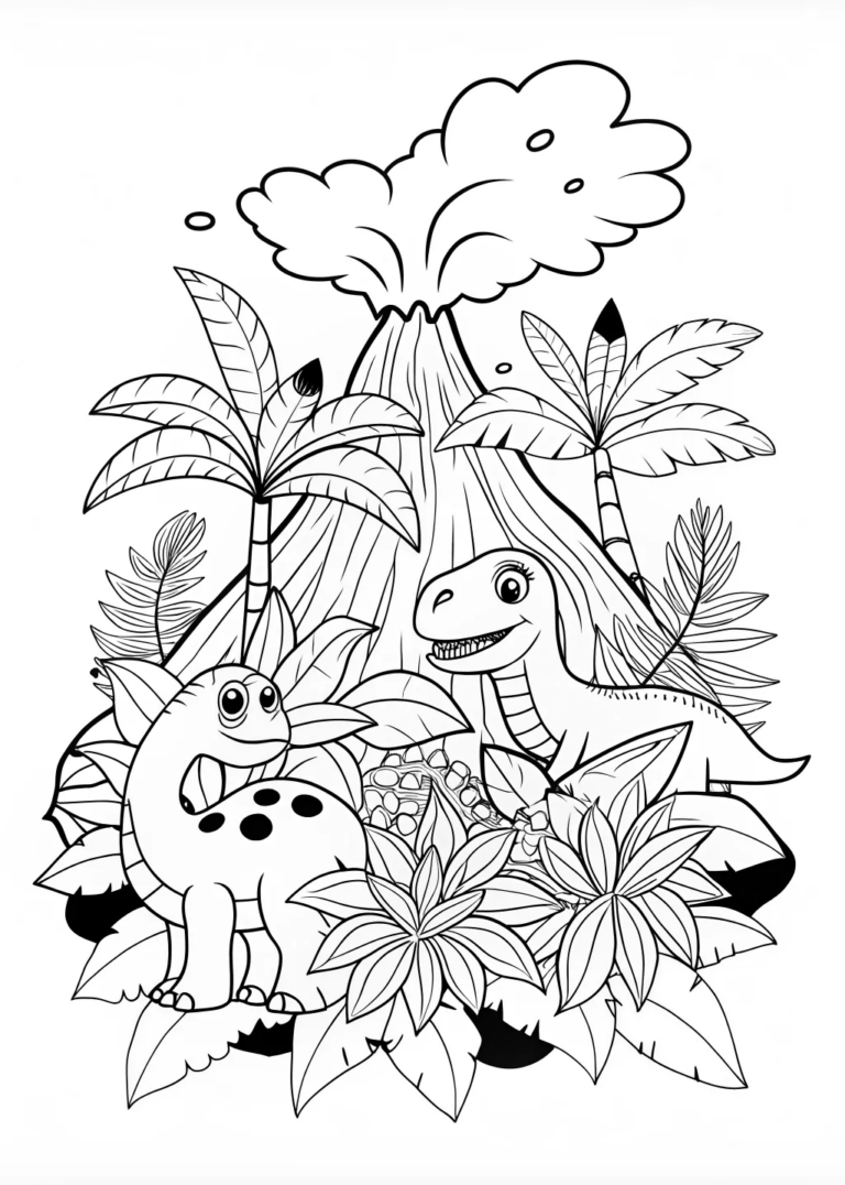 A coloring page of Dino’s Adventure by the Volcano