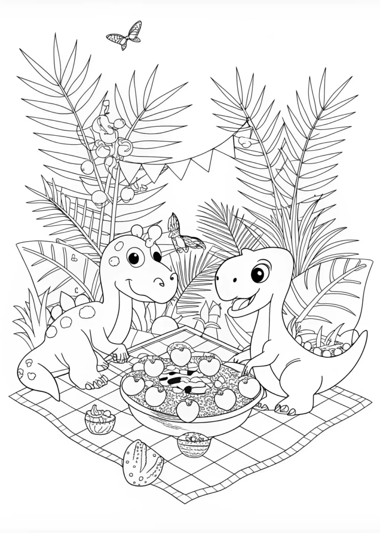 A coloring page of Dino’s Jungle Feast