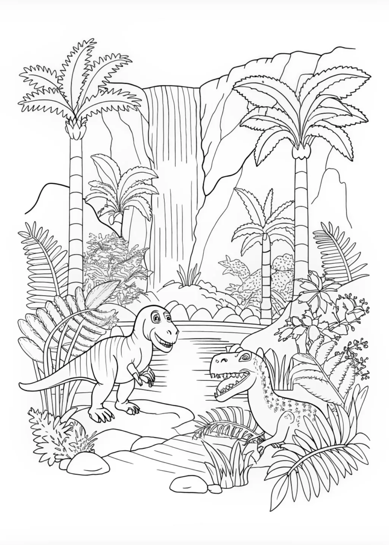 A coloring page of Dinosaur Adventure in the Jungle