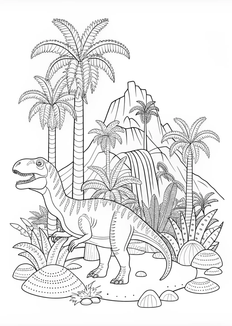 A coloring page of Dinosaur Adventure in the Prehistoric Jungle