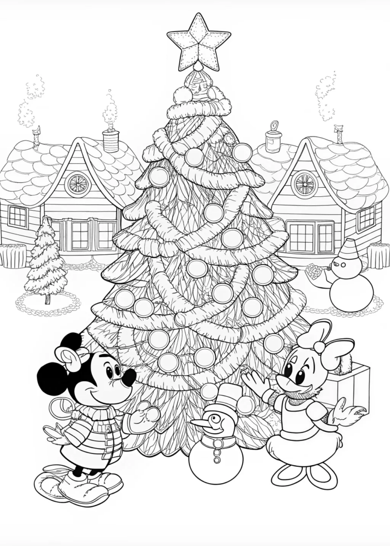 A coloring page of Santa Claus by the Christmas Tree