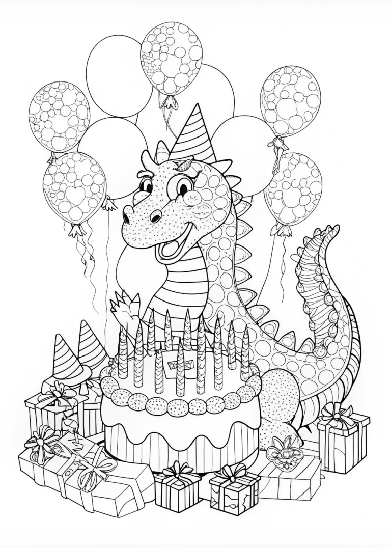 A coloring page of Dragon’s Birthday Party Coloring Page