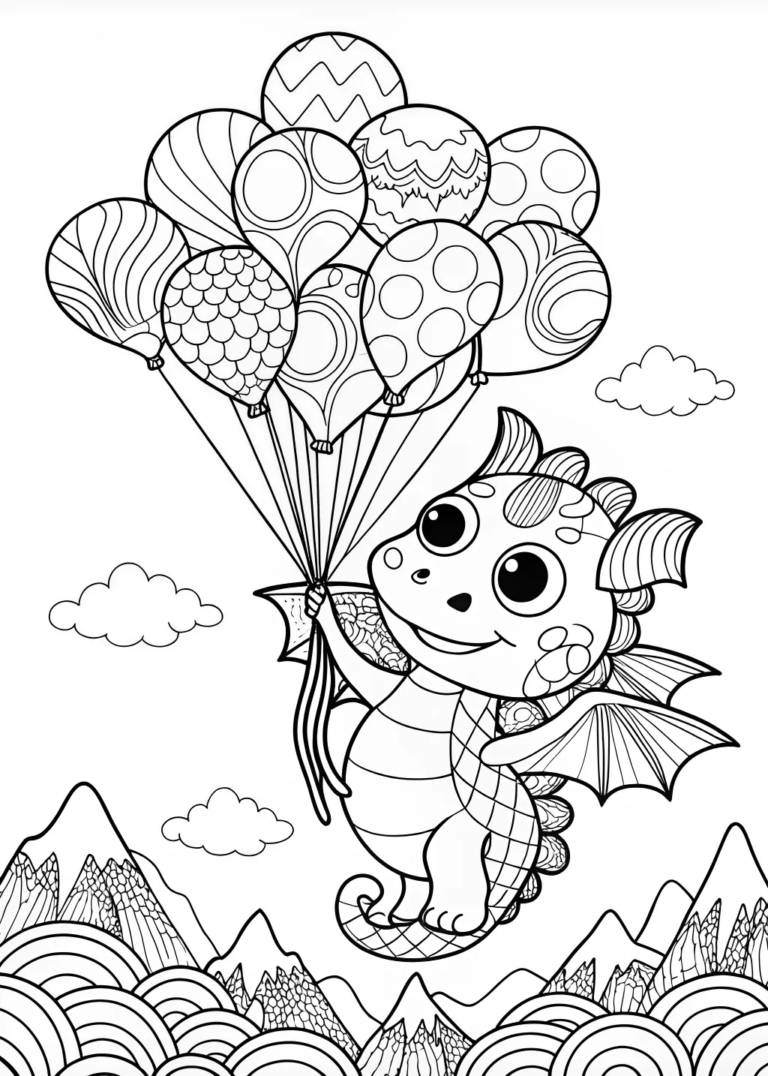 A coloring page of Dragon with Balloons Coloring Page