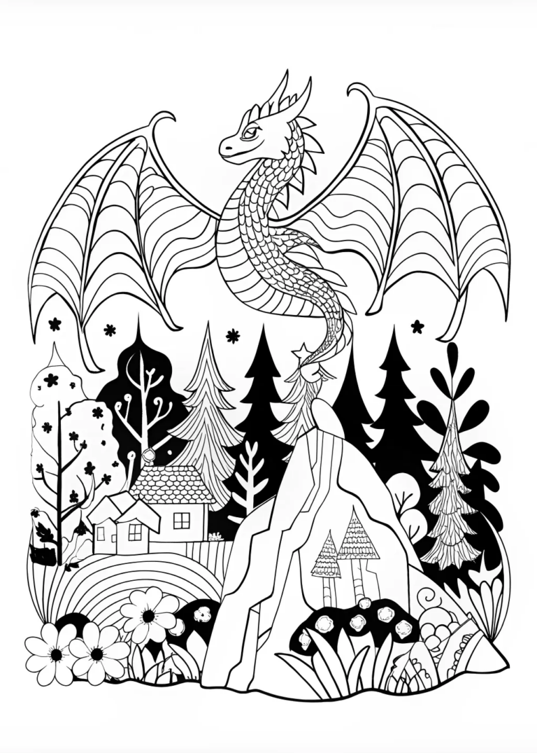 A coloring page of Dragon in an enchanted forest