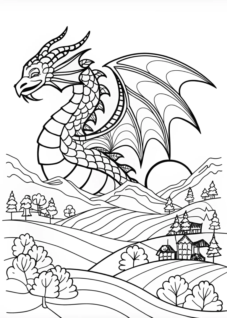 A coloring page of Dragon in the Moonlit Sky Coloring Page