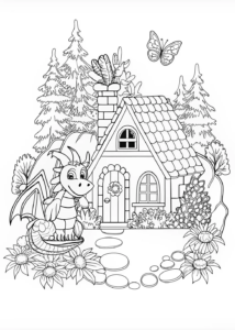 A coloring page of Dragon Guarding the Enchanted Cottage