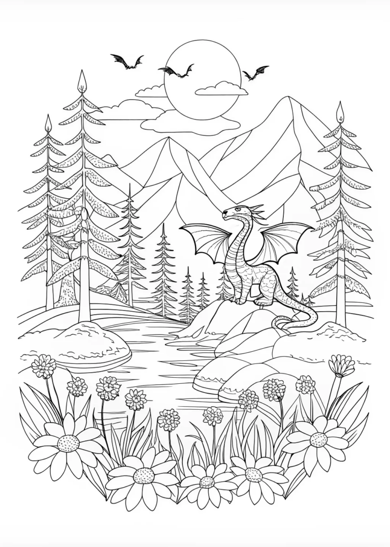 A coloring page of Mighty Dragon Roars from the Mountain Peak