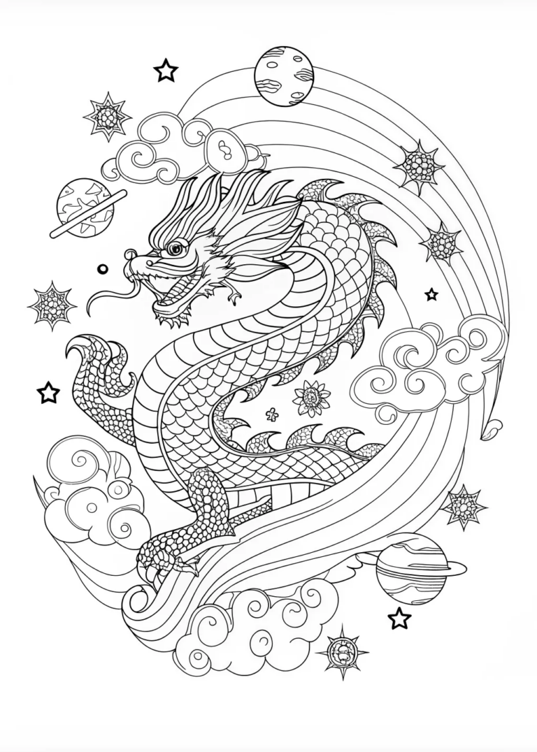 A coloring page of Majestic Dragon on a Cliff Coloring Page