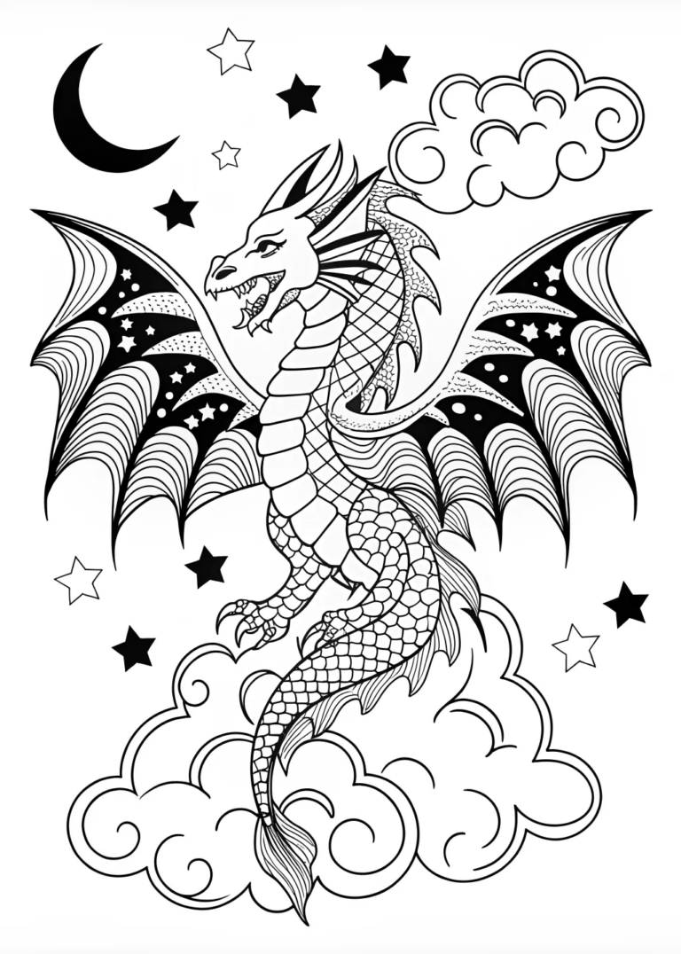 A coloring page of Celestial Dragon Under the Stars Coloring Page