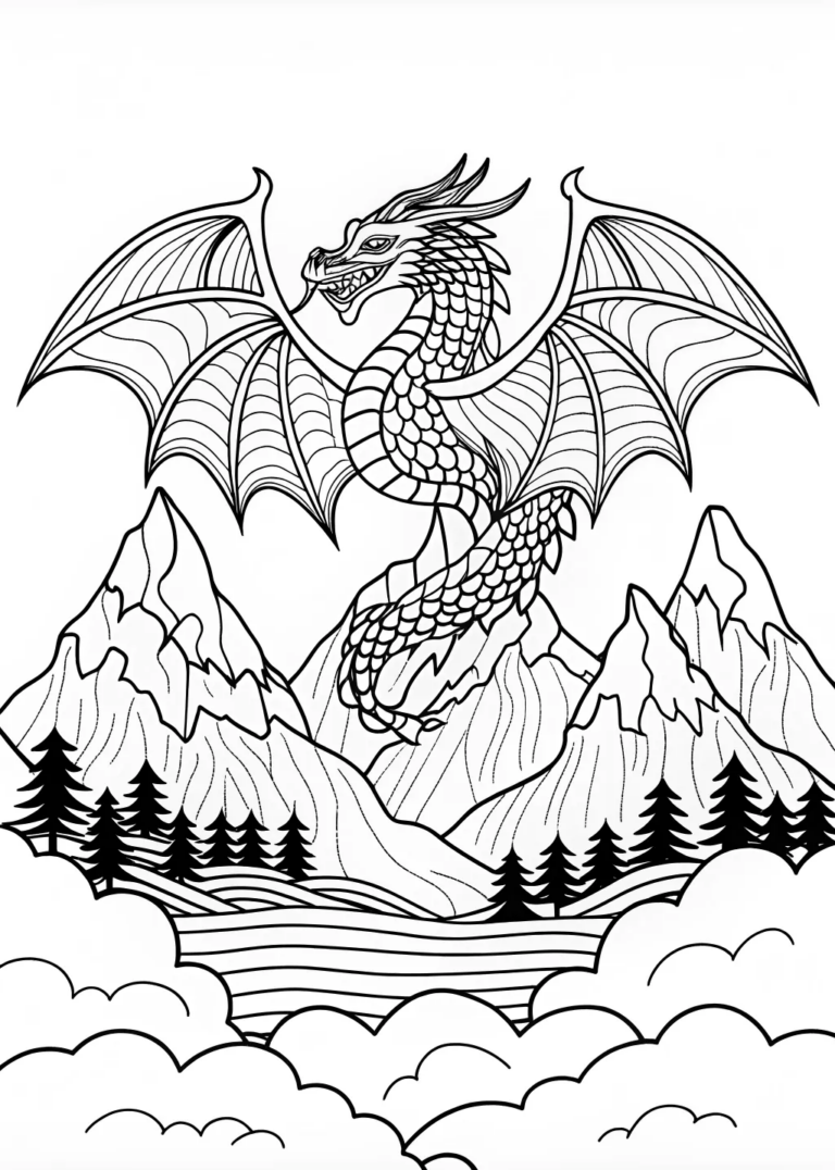 A coloring page of Fierce Dragon Overlooking Mountain Peaks Coloring Page