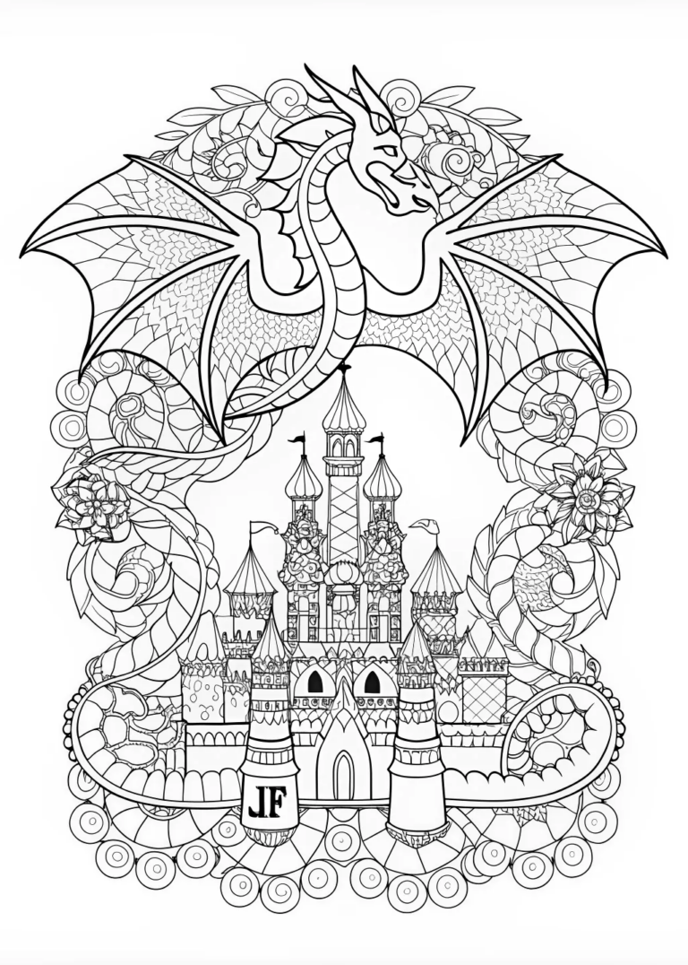 A coloring page of Dragon’s Castle Adventure