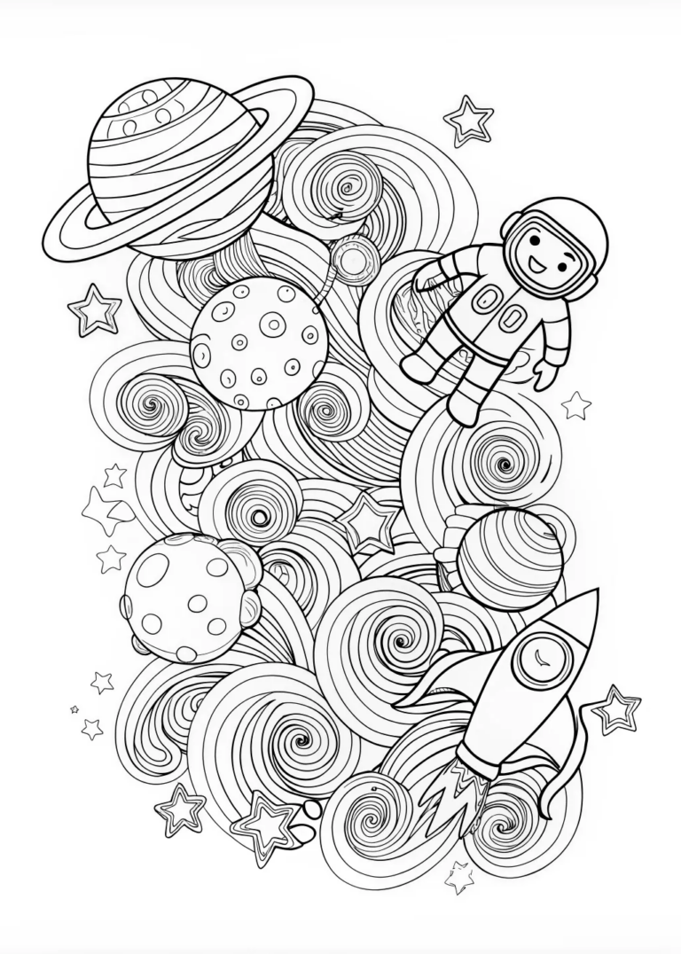 A coloring page of “E is for Exploring the Cosmos Coloring Page”