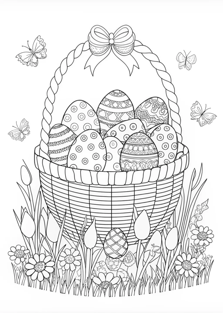 Easter Basket with Patterned Eggs and Flowers Coloring Page coloring pages