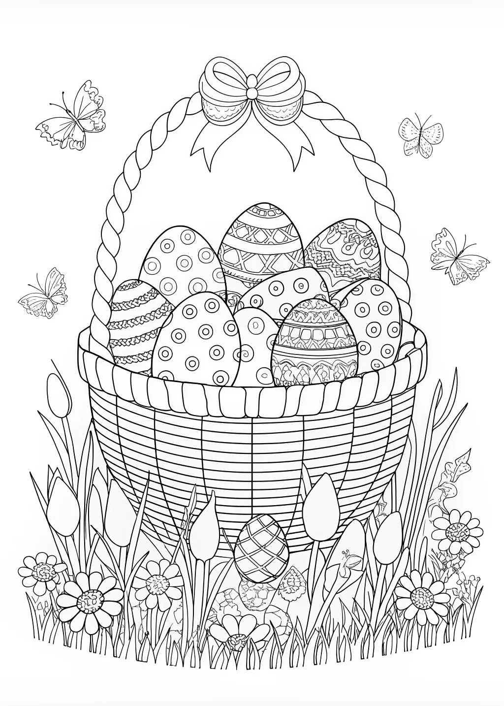 Easter Basket with Patterned Eggs and Flowers Coloring Page