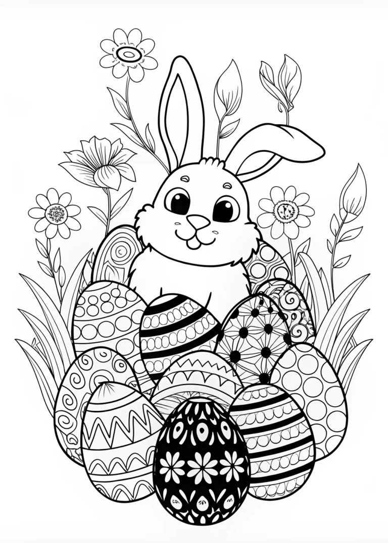 Easter Bunny with Decorative Eggs Coloring Page coloring pages