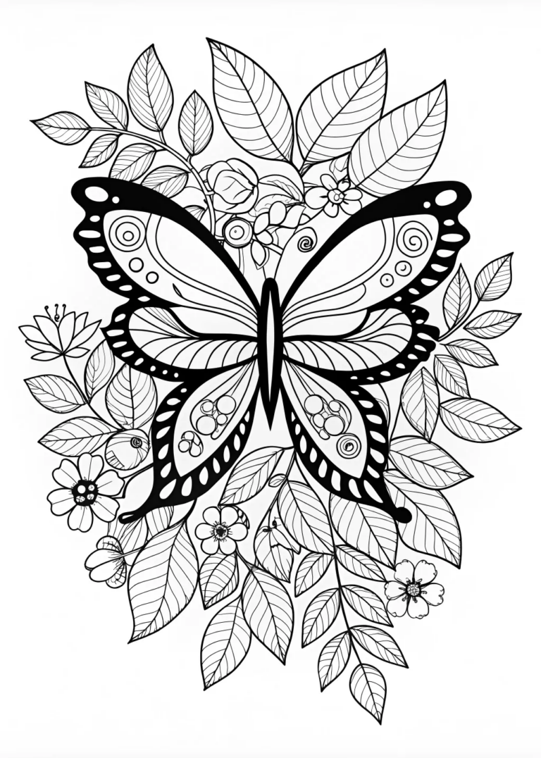 Elegant Butterfly on Leaves Coloring Page coloring pages