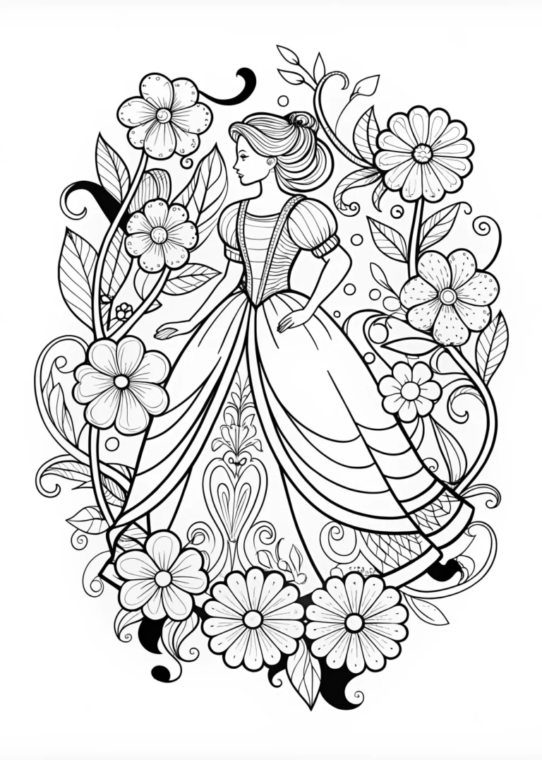 A coloring page of Elegant Floral Princess Coloring Page