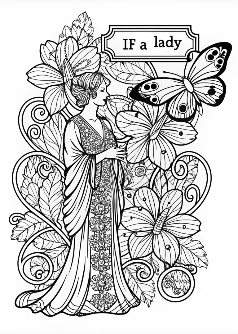 A coloring page of Elegant Lady and Butterfly in a Garden