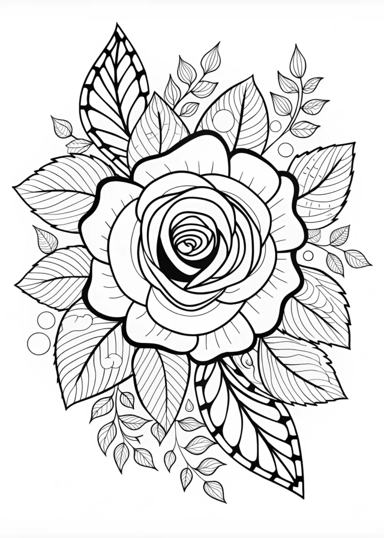 A coloring page of Elegant Rose with Detailed Leaves Coloring Page