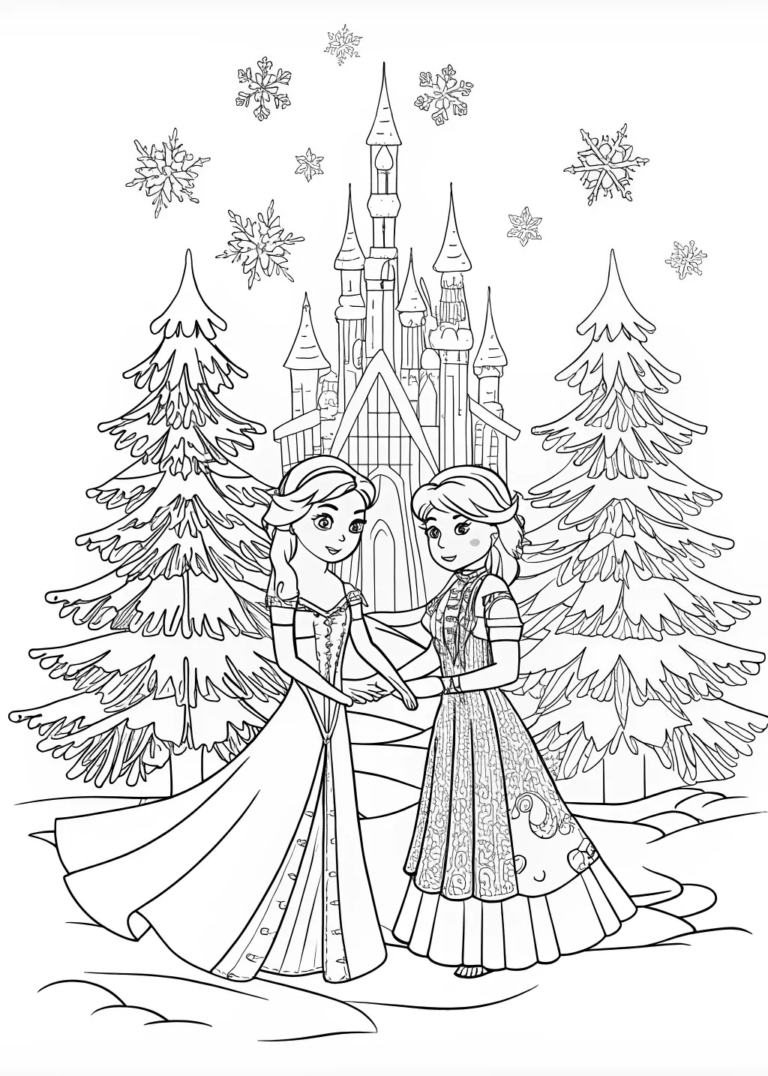 A coloring page of Elsa and Anna’s Magical Sister Bond