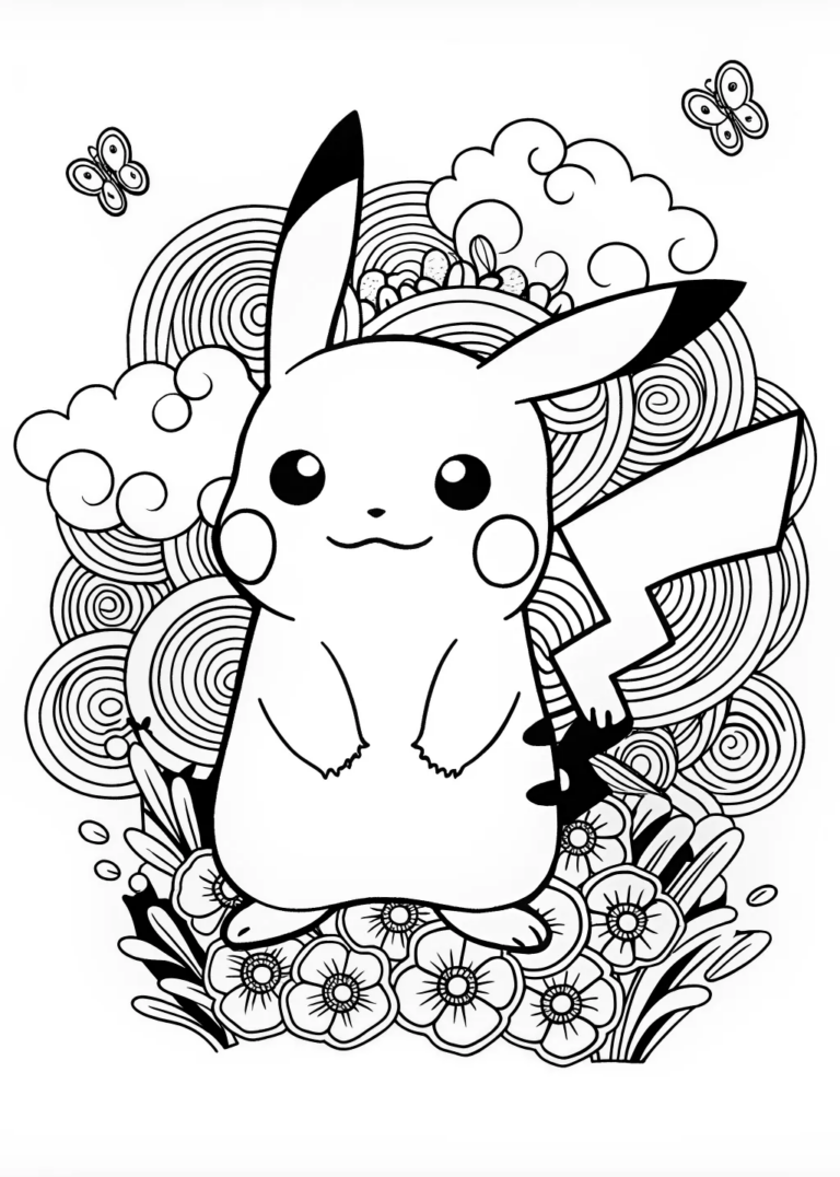 A coloring page of Pikachu’s Happy Dance Coloring Page