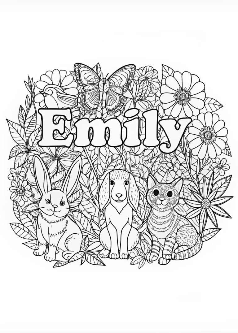 A coloring page of Emily’s Animal Friends Coloring Page