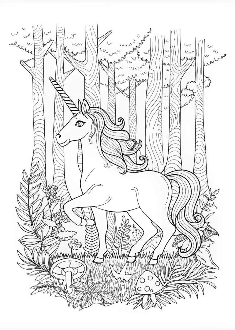 A coloring page of Majestic Unicorn in Enchanted Forest